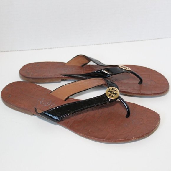Tory Burch Shoes - Tory Burch Thora Patent Saffiano Flip Flop Sandal Black Gold Size 10 H13446